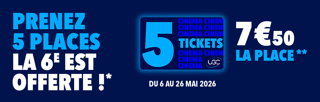 1 place offerte pour l'achat d'une carte UGC 5 Tickets