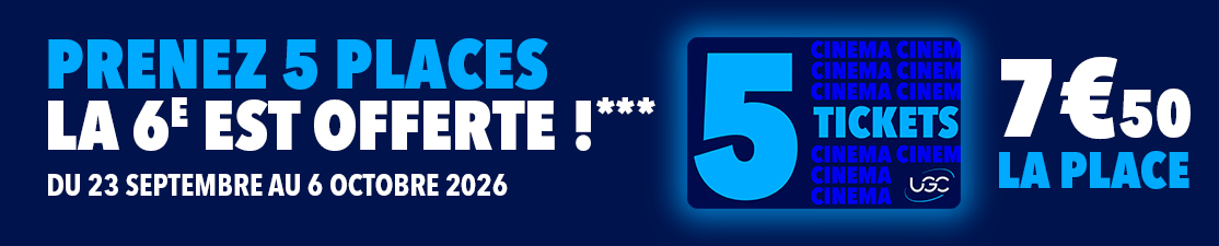 1 place offerte pour l'achat d'une carte UGC 5 Tickets